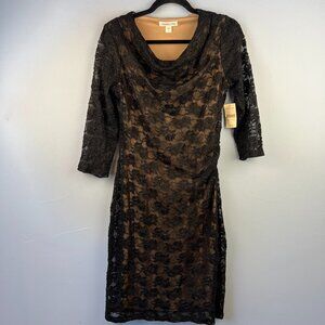 Coldwater Creek Black Metallic Lace Dress Size 8 Ruching at Waist Cocktail Party